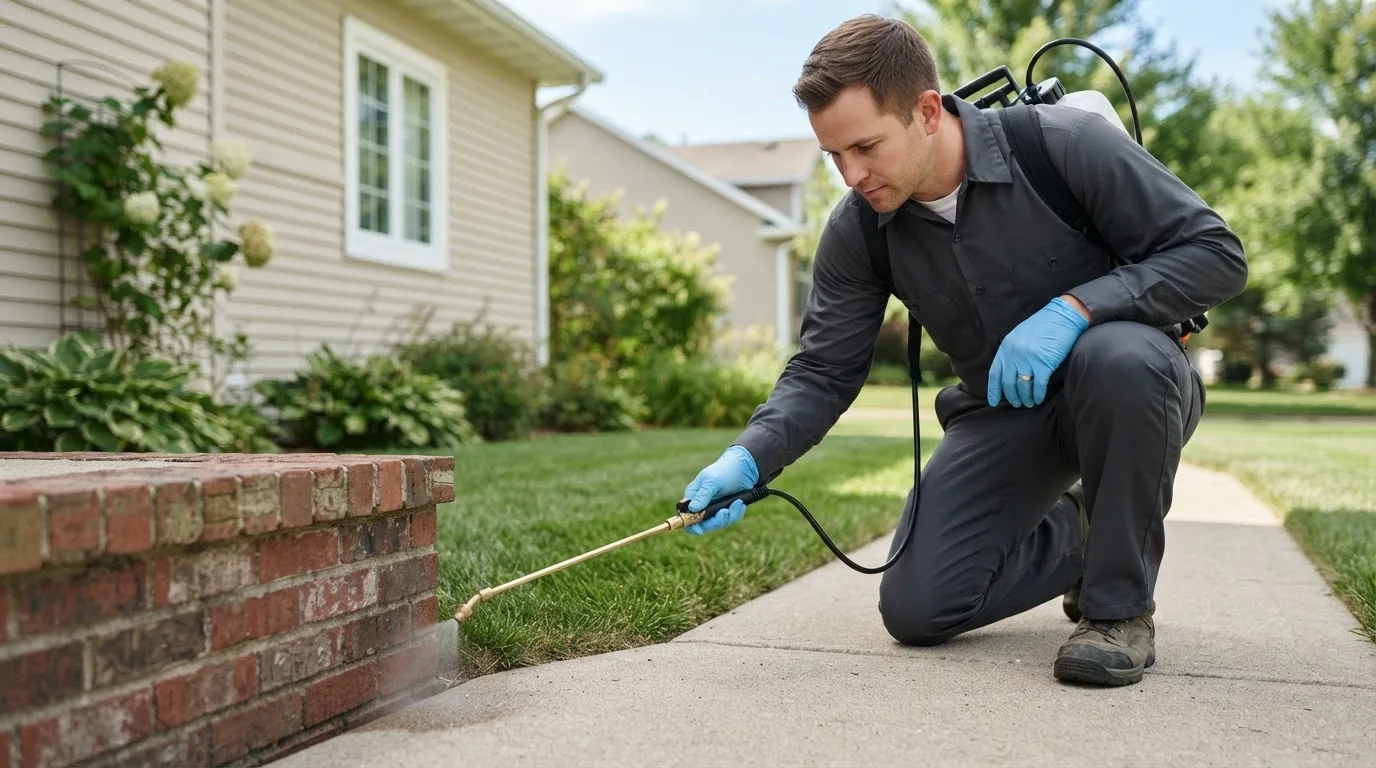 Pest control technician treating a home near Orchard, IA