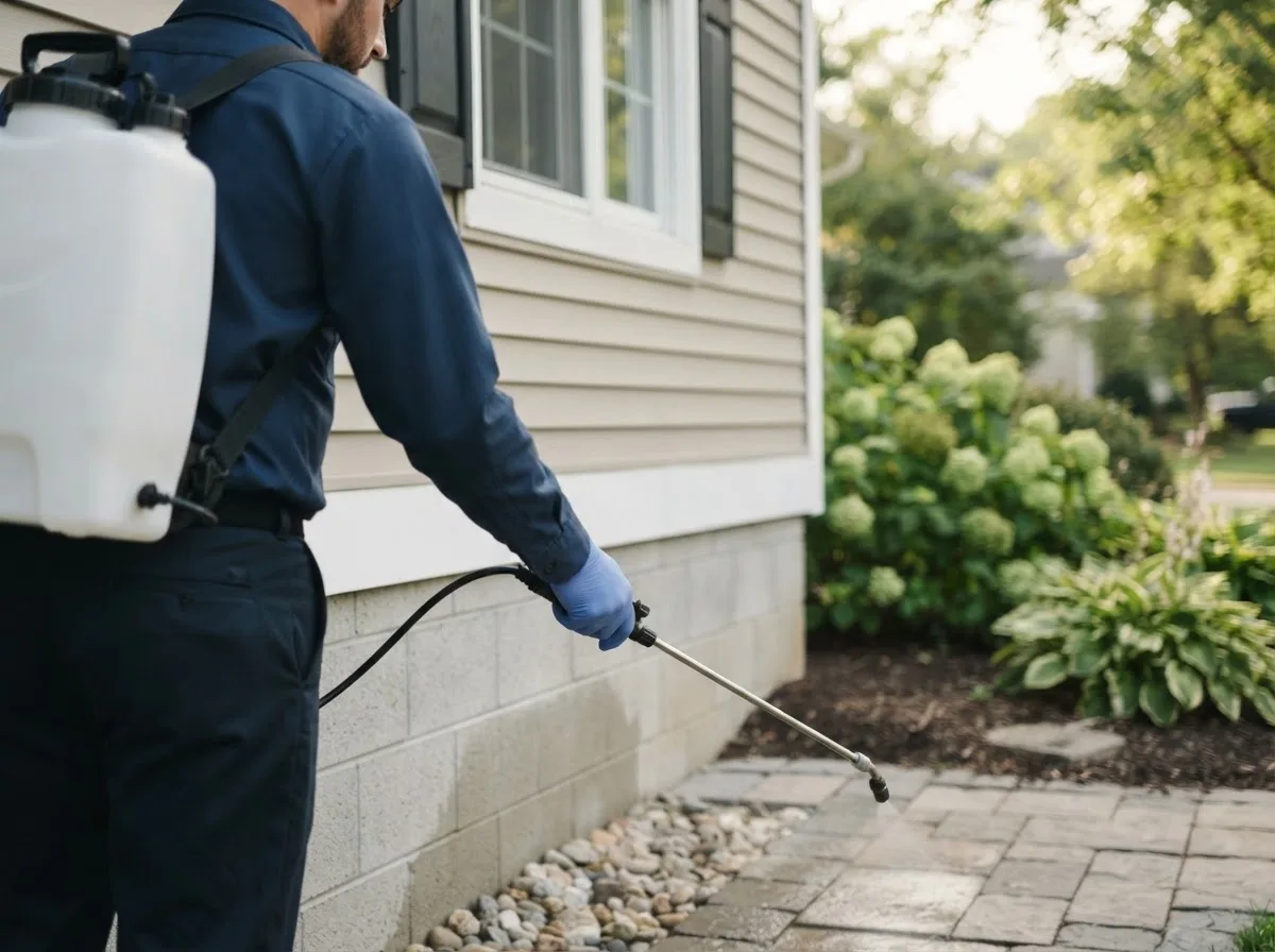 Pest control technician inspecting a home in Orchard, IA